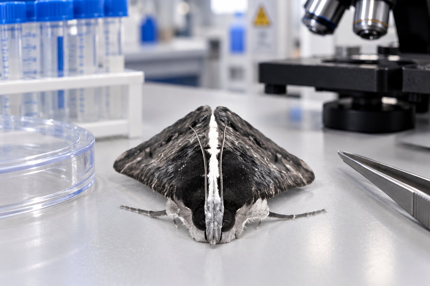 The same moth staged on a laboratory bench beside a microscope and specimen vials